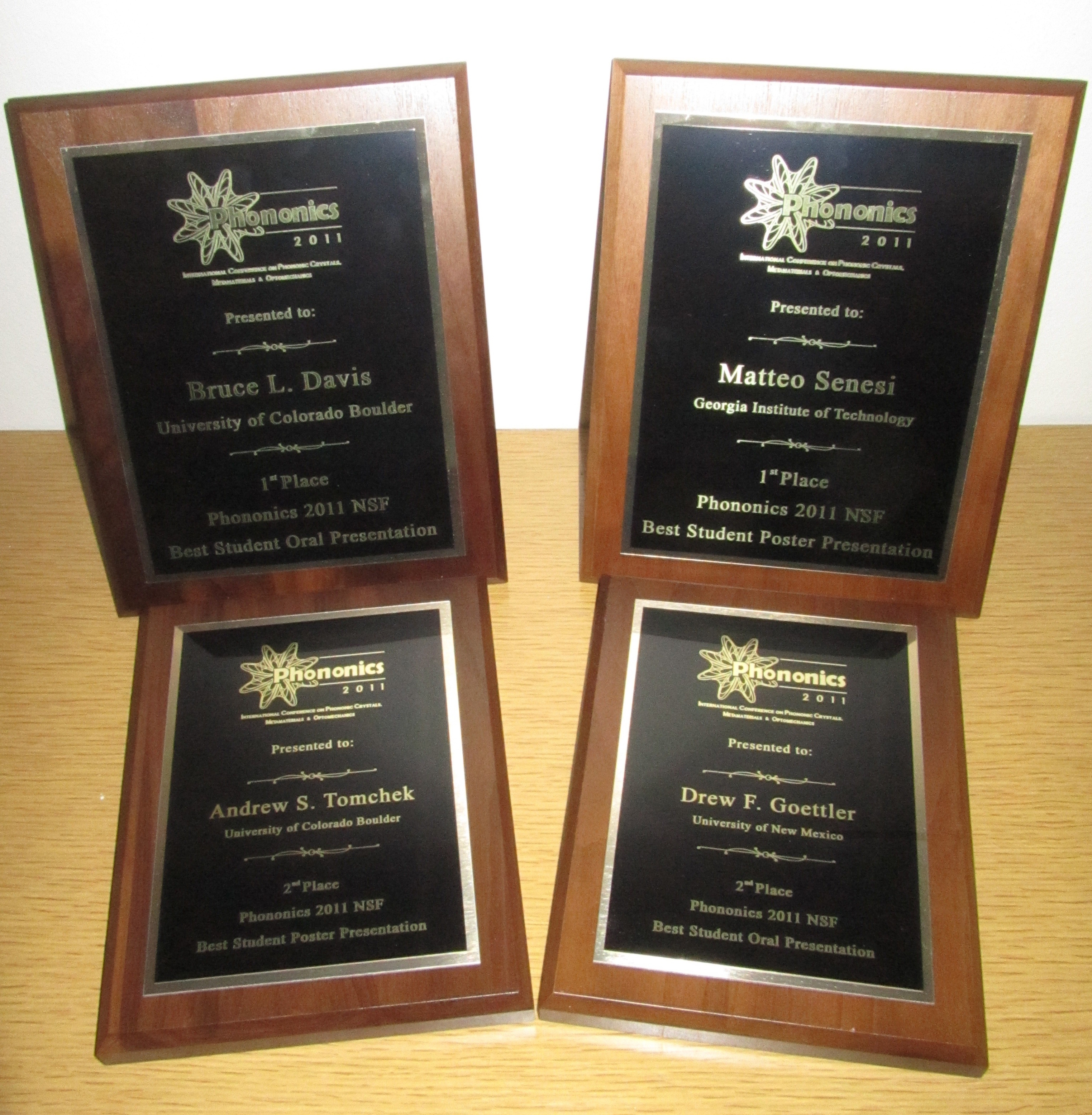 Phononics 2011 Student Paper Awards plaques